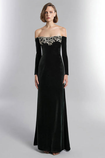 Black Velvet Off the Shoulder Long Holiday Party Dress